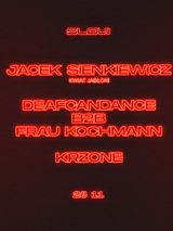 Ciemna, minimalistyczna grafika z neonowym, czerwonym tekstem. Na plakacie widać artystów występujących podczas wydarzenia. Informacje zawarte w treści artykułu.