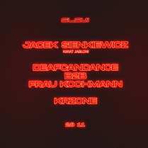 Ciemna, minimalistyczna grafika z neonowym, czerwonym tekstem. Na plakacie widać artystów występujących podczas wydarzenia. Informacje zawarte w treści artykułu.