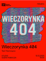W czerwonej ramce wyciętej w nieregularny kształt znajduje się zdjęcie przedstawiające rozmyty obraz telewizora z tytułem wydarzenia. Na czerwonym tle poniżej powtórzona nazwa wydarzenia i twórcy uwzględnieni w treści artykułu.