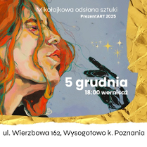 Na tle złotej folii znajduje się kolorowy obraz przedstawiający kobietę z długimi, rudymi włosami w stylu artystycznym, która patrzy w bok, z ręką uniesioną w kierunku swojej twarzy. Wokół białe napisy, poniżej grafiki czarne napisy na białym tle, informujące o szczegółach wydarzenia, zawarte w treści artykułu.