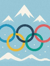 Okręgi Igrzysk Olimpijskich na błękitnym tle. Widoczne biale szc zyty gór i sypiący śnieg.