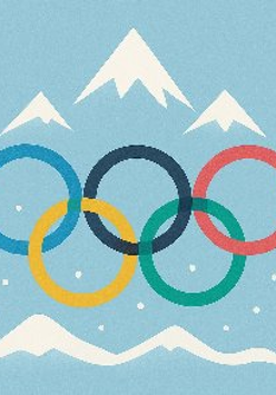 Okręgi Igrzysk Olimpijskich na błękitnym tle. Widoczne biale szc zyty gór i sypiący śnieg.