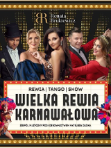 W centralnej części plakau widnieje grupa pięciu elegancko ubranych artystów pozujących na tle złotych świateł, mężczyzna w cylindrze, kobieta w granatowej sukni, kobieta w błyszczącej sukni oraz para tancerzy w czerwonych strojach. Na dole umieszczona jest rozświetlona tablica w stylu teatru broadwayowskiego z tytułem wydarzenia. Po bokach tablicy znajdują się kolorowe postacie tancerek karnawałowych w pióropuszach. Szczegóły wydarzenia zawarte w treści artykułu.