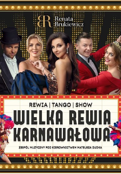 W centralnej części plakau widnieje grupa pięciu elegancko ubranych artystów pozujących na tle złotych świateł, mężczyzna w cylindrze, kobieta w granatowej sukni, kobieta w błyszczącej sukni oraz para tancerzy w czerwonych strojach. Na dole umieszczona jest rozświetlona tablica w stylu teatru broadwayowskiego z tytułem wydarzenia. Po bokach tablicy znajdują się kolorowe postacie tancerek karnawałowych w pióropuszach. Szczegóły wydarzenia zawarte w treści artykułu.