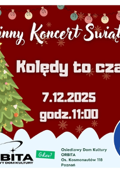 Na czerwonym tle ilustracja choinki po lewej stronie oraz śnieżne zaspy na dole. U góry widać podwieszone bombki. Na środku oraz na dole informacje dotyczące wydarzenia, zawarte w treści artykułu.