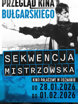 Czarno-białe zdjęcie mężczyzny, który uśmiechając się pokazuje coś ręką. U dołu i góry plakatu informacje o wydarzeniu w czarno-biało-niebieskich kolorach.