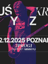 Plakat koncertowy. Na środku muzyk grający na gitarze elektrycznej, zdjęcie w różowo-fioletowej tonacji. Wokół białe napisy na czarnym tle. Szczegółowe informacje o wydarzeniu zawarte w treści artykułu.