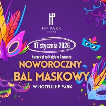Fioletowe tło z kolorowymi piórami, serpentynami i maskami karnawałowymi. Na środku logo HP Park Hotel oraz informacje na temat wydarzenia zawarte w treści artykułu.