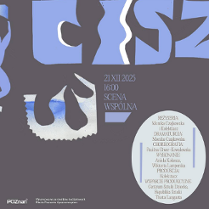 Plakat wydarzenia w odcieniach niebieskiego, szarości i beżu. Abstrakcyjne, wycinankowe kształty przypominające fragmenty liter i sylwetki ludzkie układające się w dynamiczną kompozycję. Pośrodku tytuł spektaklu oraz informacje o wydarzeniu, zawarte w treści artykułu.
