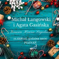 Tło grafiki przypomina drewno pomalowane na niebiesko. Wokół widać przedmioty związane ze Świętami Bożego Narodzenia jak bombki, szyszki, laski cukrowe, jarzębina, zapakowane prezenty i choinka. Na środku białe napisy informacujące o szczegółach wydarzenia, które są zawarte w treści artykułu.