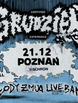 Plakat w mrocznej, niebiesko-szarej kolorystyce z ostrą, kontrastową grafiką. Nieregularne, postrzępione kształty przypominające plamy lub wybuchy rozmieszczone są na tle miejskiej, industrialnej scenerii.W ich środku znajdują się nazwy wykonawców oraz inne informacje, zawarte w treści artykułu.