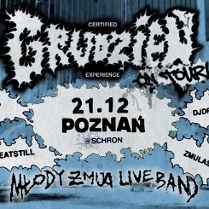 Plakat w mrocznej, niebiesko-szarej kolorystyce z ostrą, kontrastową grafiką. Nieregularne, postrzępione kształty przypominające plamy lub wybuchy rozmieszczone są na tle miejskiej, industrialnej scenerii.W ich środku znajdują się nazwy wykonawców oraz inne informacje, zawarte w treści artykułu.