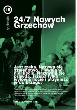 na zielonym tle po prawej stronie na podłodze siedzi mężczyzna i kobieta, po lewej stronie stoi, patrząc na siedzących, również kobieta i mężczyna. Na plakacie również znajdują się informacje o spektaklu.