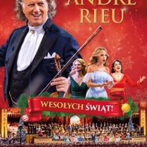 Świąteczny plakat. Na pierwszym planie André Rieu. Obok śpiewaczki na czerwonym tle z motywami świątecznymi. Na dole wstęga z napisem "Wesołych Świąt". Poniżej zdjęcie muzyków na scenie.