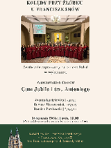 Grupa osób stojących w kilku rzędach, ubranych w jednakowe, czerwone stroje stroje. Powyżej tytuł wydarzenia, poniżej informacje zawarte w treści artykułu. W dolnym lewym rogu widać zdjęcie Kościoła Świętego Franciszka w Poznaniu.