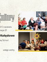 Plakat z dwoma zdjęciami przedstawiającymi występy chóralne. U góry widać grupę śpiewających dorosłych. Poniżej zdjęcie przedstawia grupę osób, którzy trzymają zapis nutowy oraz gwiazdę kolędniczą. Po lewej stronie umieszczono szczegóły wydarzenia, zawarte w treści artykułu.