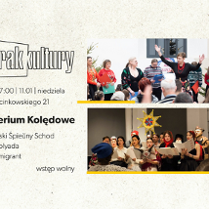 Plakat z dwoma zdjęciami przedstawiającymi występy chóralne. U góry widać grupę śpiewających dorosłych. Poniżej zdjęcie przedstawia grupę osób, którzy trzymają zapis nutowy oraz gwiazdę kolędniczą. Po lewej stronie umieszczono szczegóły wydarzenia, zawarte w treści artykułu.