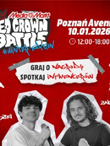 Czarno-białe zdjęcia dwóch mężczyzn przedstawione w formie naklejek. Plakat na czerwonym tle. Wokół białe i niebieskie napisy, będące szczegółami dotyczącymi wydarzenia, które są zawarte w treści artykułu.