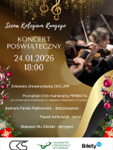 Plakat w kolorach złota, czerwieni i zieleni. Z prawej strony zdjęcie orkiestry smyczkowej podczas gry, gdzie są widoczne dłonie muzyków i instrumenty. Wokół znajdują się bożonarodzeniowe ozdoby, bombki, gałązki i gwiazdki. Na środku napisy będące szczegółami na temat wydarzenia, które są zawarte w treści artykułu.