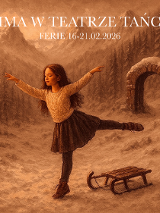 Rysunek w ciepłych beżowych kolorach, przedstawiający dziewczynkę w tanecznej pozie na tle zimowego krajobrazu.