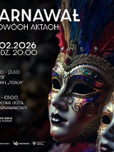 Zdjęcie ozdobnej maski z piórami. Z lewej strony informacje na temat wydarzenia, ciemne tło.