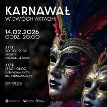 Zdjęcie ozdobnej maski z piórami. Z lewej strony informacje na temat wydarzenia, ciemne tło.