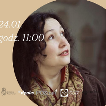 Portret kobiety z ciemnymi kręconymi włosami, patrzącej w górę, na jasnym tle. Wokół informacje o wydarzeniu zawarte w treści artykułu oraz loga organizatorów.