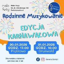 Kolorowa grafika w dziecięcym, rysunkowym stylu z jasnym tłem. Wokół widoczne są ilustracje przypominające fajerwerki, a dolną część zdobią miękkie, falujące papierowe girlandy. Na środku informacje o wydarzeniu zawarte w treści artykułu.