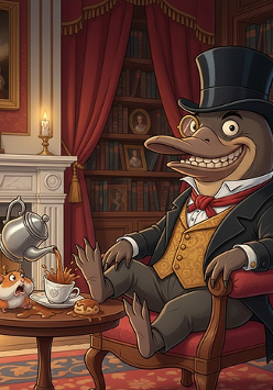 Grafika w stylu kreskówkowym: elegancko ubrany dziobak w cylindrze siedzi w fotelu przy kominku w bibliotece. Obok na stoliku znajduje się filiżanka, czajnik i małe zwierzątko, a w tle widać regały z książkami i ciepłe światło z kominka. Powyżej umieszczono zegar i obraz. W lewym órym rogu umieszczono żółty znak z ilustracją dziobaka i napisem: "La vida impro".".