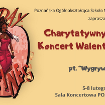 Plakat z żółtym, jednolitym tłem. Z lewej strony grafika w stylu komiksowym prezentująca 3 elegancko ubrane osoby. Za nimi widać serca oraz napis "Valentines day". Z prawej strony napisy będące szczegółami na temat wydarzenia, które są zawarte w treści artykułu.