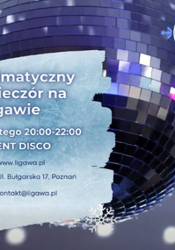 Grafika przedstawiająca dużą lustrzaną kulą dyskotekową w odcieniach niebieskiego i fioletu. Przed nią plama przypominająca lód oraz śnieżynki. Umieszczono tam białe napisy - szczegóły dotyczące wydarzenia, zawarte w treści artykułu.
