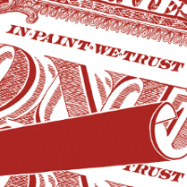 Grafika przedstawia fragment stylizowanego projektu graficznego, utrzymanego w dwukolorowej, biało-czerwonej kolorystyce. Kompozycja nawiązuje estetyką do klasycznych grawerunków banknotowych lub ozdobnych papierów wartościowych.