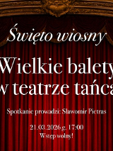 Na tle bordowej kurtyny informacje na temat wydarzenia.