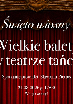 Na tle bordowej kurtyny informacje na temat wydarzenia.