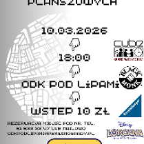 Na górze po lewej stronie znajduje się kość do gry. W tle umieszczono duży, jasnoszary zarys mapy z siatką ulic. Na froncie dłonie pikselowe wskazujące w dół. Po prawej stronie plakatu umieszczono logotypy wydawców gier planszowych. U dołu widnieje żółty przycisk z napisem "Start". Pod nim znajdują się trzy dodatkowe logotypy z ilustracją graczy przy stole, logo Plan-Sza oraz zielono-białe logo ODK "Pod Lipami". Oprócz tego widoczne napisy - szczegóły na temat wydarzenia zawarte w treści artykułu.