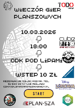 Na górze po lewej stronie znajduje się kość do gry. W tle umieszczono duży, jasnoszary zarys mapy z siatką ulic. Na froncie dłonie pikselowe wskazujące w dół. Po prawej stronie plakatu umieszczono logotypy wydawców gier planszowych. U dołu widnieje żółty przycisk z napisem "Start". Pod nim znajdują się trzy dodatkowe logotypy z ilustracją graczy przy stole, logo Plan-Sza oraz zielono-białe logo ODK "Pod Lipami". Oprócz tego widoczne napisy - szczegóły na temat wydarzenia zawarte w treści artykułu.