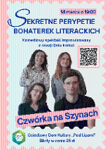 Plakat utrzymany w jasnej, błękitno-różowej kolorystyce z motywem pionowych pasów i ozdobną, ząbkowaną ramką przypominającą znaczek pocztowy. W centralnej części znajduje się zdjęcie czworga uśmiechniętych osób ustawionych w dwóch rzędach. W prawym górnym rogu umieszczono kod QR ujęty w różową ramkę. Oprócz tego widać niebieskie napisy - to szczegóły wydarzenia zawarte w treści artykułu.