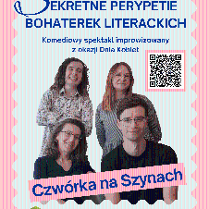 Plakat utrzymany w jasnej, błękitno-różowej kolorystyce z motywem pionowych pasów i ozdobną, ząbkowaną ramką przypominającą znaczek pocztowy. W centralnej części znajduje się zdjęcie czworga uśmiechniętych osób ustawionych w dwóch rzędach. W prawym górnym rogu umieszczono kod QR ujęty w różową ramkę. Oprócz tego widać niebieskie napisy - to szczegóły wydarzenia zawarte w treści artykułu.