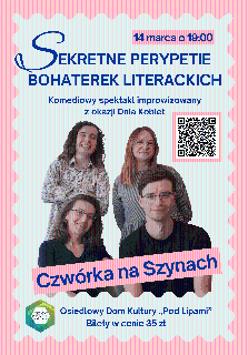 Plakat utrzymany w jasnej, błękitno-różowej kolorystyce z motywem pionowych pasów i ozdobną, ząbkowaną ramką przypominającą znaczek pocztowy. W centralnej części znajduje się zdjęcie czworga uśmiechniętych osób ustawionych w dwóch rzędach. W prawym górnym rogu umieszczono kod QR ujęty w różową ramkę. Oprócz tego widać niebieskie napisy - to szczegóły wydarzenia zawarte w treści artykułu.