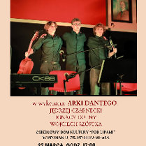 Na plakacie umieszczono zdjęcie przedstawiające trzech młodych artystów stojących obok siebie na scenie w świetle reflektorów. Wszyscy ubrani są w dopasowane, ciemnozielone koszule i ciemne spodnie. Mężczyzna po lewej trzyma czerwony instrument strunowy, środkowy artysta stoi prosto, a mężczyzna po prawej opiera się o pulpit nutowy. W dolnej części kadru widoczny jest fragment profesjonalnego keyboardu. Poniżej napisy - szczegóły na temat wydarzenia zawarte w treści artykułu.