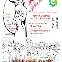 Czarno-biały plakat wykonany techniką szkicu. Górną część zajmuje duża, konturowa ilustracja przytulającej się pary. Środkową sekcję wypełnia szczegółowy rysunek panoramy miasta z gęstą zabudową kamienic. Na samym dole znajduje się kolorowe zdjęcie grupowe uśmiechniętego chóru, artyści ubrani są w kolorowe stroje i mają uniesione ręce. Pomiędzy tymi elementami widnieją napisy będące szczegółami na temat wydarzenia, które są zawarte w treści artykułu.