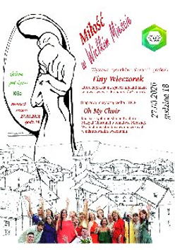 Czarno-biały plakat wykonany techniką szkicu. Górną część zajmuje duża, konturowa ilustracja przytulającej się pary. Środkową sekcję wypełnia szczegółowy rysunek panoramy miasta z gęstą zabudową kamienic. Na samym dole znajduje się kolorowe zdjęcie grupowe uśmiechniętego chóru, artyści ubrani są w kolorowe stroje i mają uniesione ręce. Pomiędzy tymi elementami widnieją napisy będące szczegółami na temat wydarzenia, które są zawarte w treści artykułu.