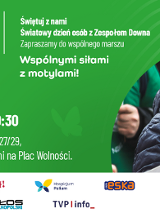 Plakat w zielonej kolorystyce z delikatnym motywem linii papilarnych i sylwetek motyli w tle. Prawą stronę grafiki zajmuje zdjęcie uśmiechniętej młodej kobiety w okularach, ubranej w ciemną, pikowaną kurtkę oraz kolorową czapkę i szalik w pasy. W dolnej części plakatu umieszczono logotypy organizatorów i partnerów medialnych. Z lewej strony zdjęcia umieszczono napisy. To szczegóły wydarzenia zawarte w treści artykułu.