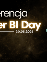 Grafika promująca Konferencję Power BI Day. Obok napisu w centralnej części plakatu widnieje trójwymiarowe logo Power BI otoczone ikonami Excel, Copilot, ChatGPT i Fabric na ciemnym tle.