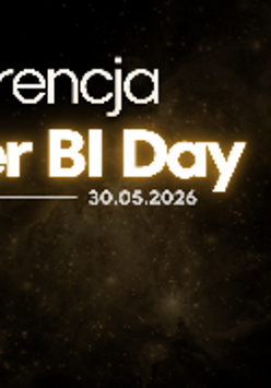 Grafika promująca Konferencję Power BI Day. Obok napisu w centralnej części plakatu widnieje trójwymiarowe logo Power BI otoczone ikonami Excel, Copilot, ChatGPT i Fabric na ciemnym tle.