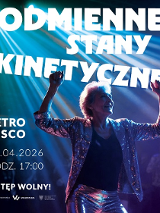 Zdjęcie kobiety w połyskującym stroju, z rękoma uniesionymi do góry, oświetlonej przez niebiesko-fioletowe światło. Z lewej strony informacje o wydarzeniu, na górze plakatu tytuł wydarzenia.