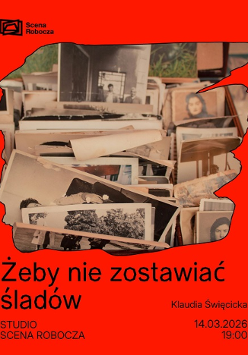 Na czerwonym tle zdjęcie wielu różnych fotografii w skrzynce. U dołu plakatu tytuł wydarzenia i inne informacje na jego temat.