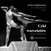 Czarno-białe zdjęcie pary tancerzy w tanecznej pozie i informacja na temat warsztatów.