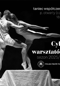 Czarno-białe zdjęcie pary tancerzy w tanecznej pozie i informacja na temat warsztatów.