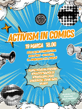 Plakat utrzymany w komiksowej stylistyce pop-art. Na jasnoniebieskim tle z promienistymi liniami umieszczono czarno-białe grafiki megafonów oraz fragmentów twarzy. Centralny napis jest pomarańczowy, a pozostałe informacje tekstowe znajdują się w dymkach komiksowych o postrzępionych krawędziach. Są to informacje na temat wydarzenia zawarte w treści artykułu.